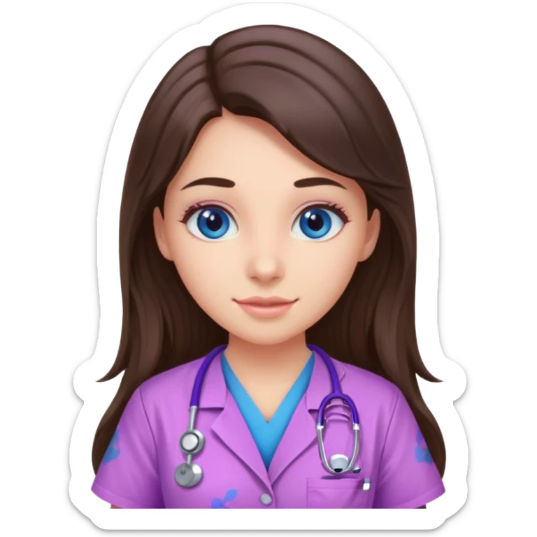 pretty brunette nurse with long hair and blue eyes in pink and purple dinosaur pattern scrubs sticker