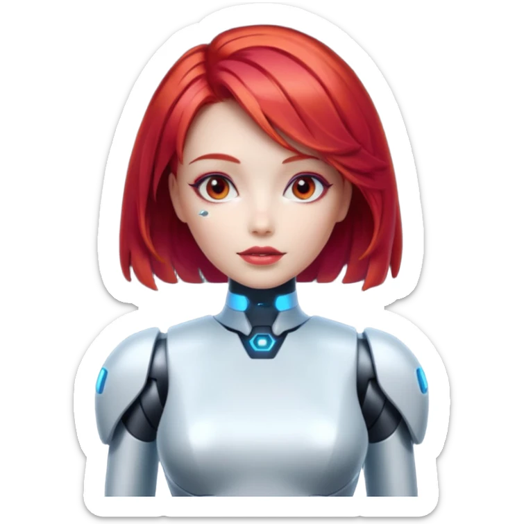an AI robot, futuristic, digital, glowing, sexy dress, red hair sticker