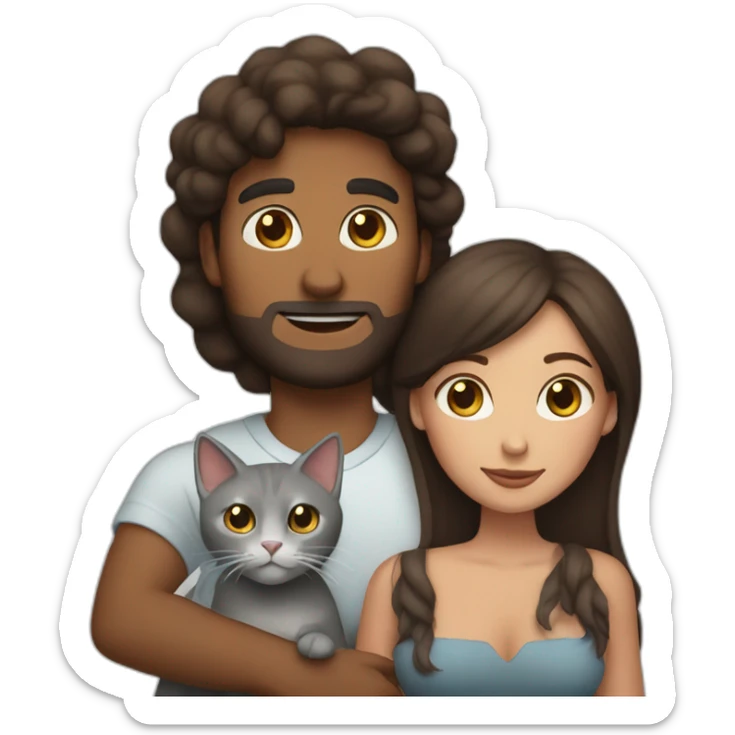brown man and brunette woman with a big gray cat in their arms sticker