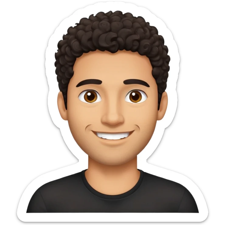 Hombre latino piel canela, cara redonda-ancha, scruff sin barba completa, cejas gruesas, pelo oscuro rizado hasta el cuello. Sonrisa amplia, expresión alegre. Camisa negra. Size large.  sticker