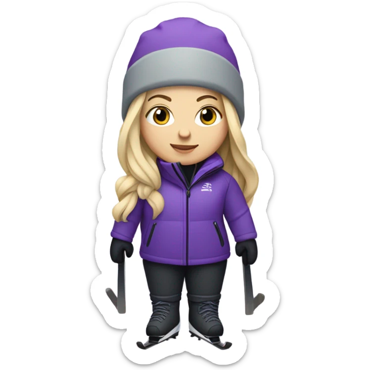 Chubby female long blonde hair skier with purpley-grey jacket and black pants showing full length sticker