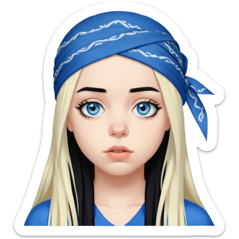 billie eilish blue eyes long black hair dark eyeliner makeup, wearing head bandana sticker
