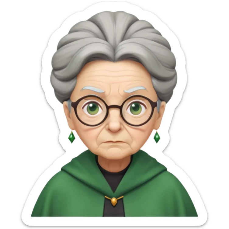 Stern elderly witch professor with glasses, tight bun, green robes, frowning with disapproval sticker