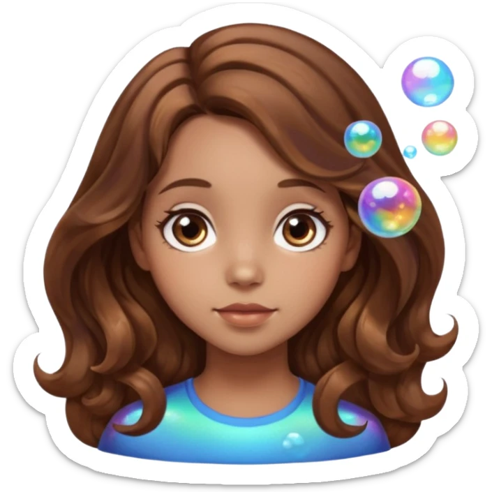 girl with brown wavy hair in a side part with big brown eyes looking off to the side with bubbles on both sides of her sticker
