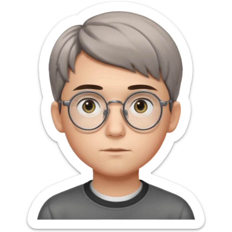 GREY HAUR teen boy with medium short middle parted hair, GREY eyes, round Glasses looking judging to the Side sticker