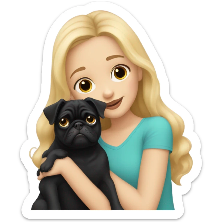 Girl with wavy blonde hair kissing a black pug sticker