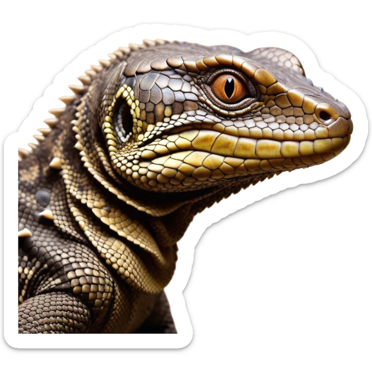Cinematic Noble brown camo monitor Lizard Portrait Emoji, Poised and regal, with a robust, scaled body exhibiting striking, mottled patterns and piercing, alert eyes, Simplified yet sharp and sophisticated features, highly detailed, glowing with a soft, earthy glow, high shine, intelligent and formidable, stylized with an air of ancient wilderness, focused and commanding, soft glowing outline, capturing the essence of a watchful and confident reptilian guardian that appears ready to stride out of the screen with effortless authority! sticker