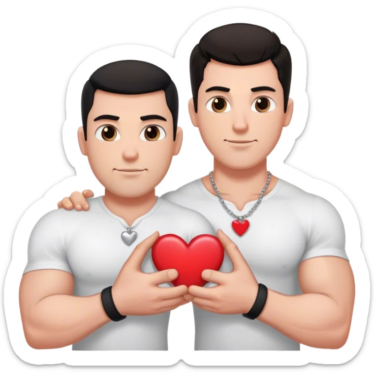 One large white muscular man with dark hair and a white shirt one and smaller white thin man wearing a black shirt each holding pieces of a heart shaped necklace that says best friends forever  sticker