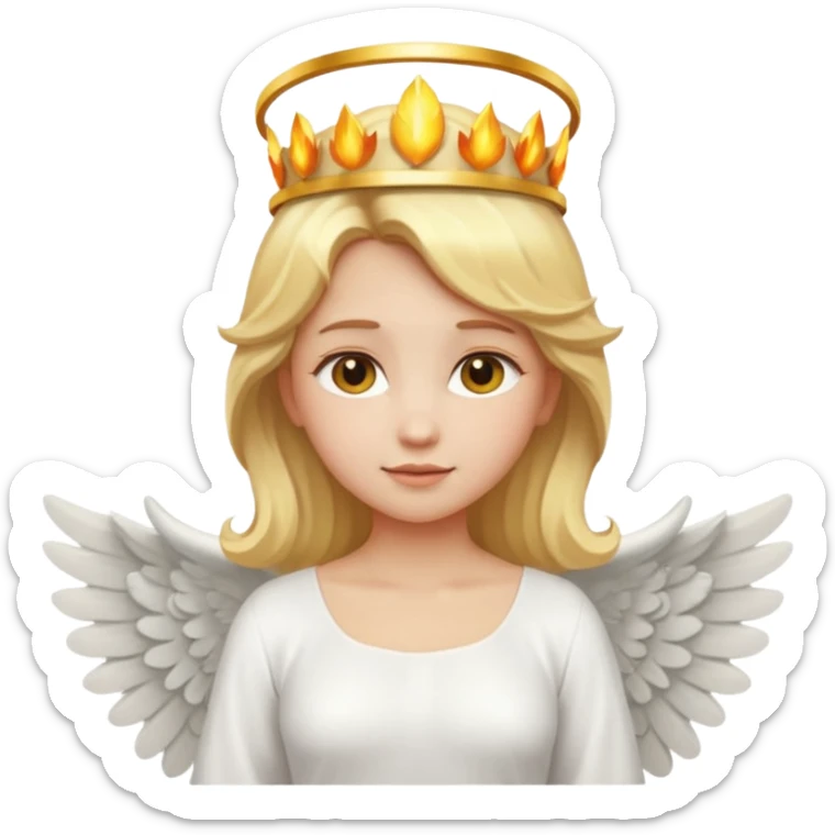 Emoji-style angel: blonde hair, golden flame crown, halo, large detailed wings, white dress, visible feminine body shape, cute smooth emoji look. sticker