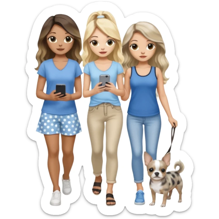 Three pretty women in cute summer clothes walking a blue and gray spotted Merle Frenchie and walking a black and tan chihuahua puppy, holding iPhone, hazel eyed light skin with dark blonde long hair and light skin hazel eyed long wavy dark hair, blue eyed light skin long blonde hair  sticker