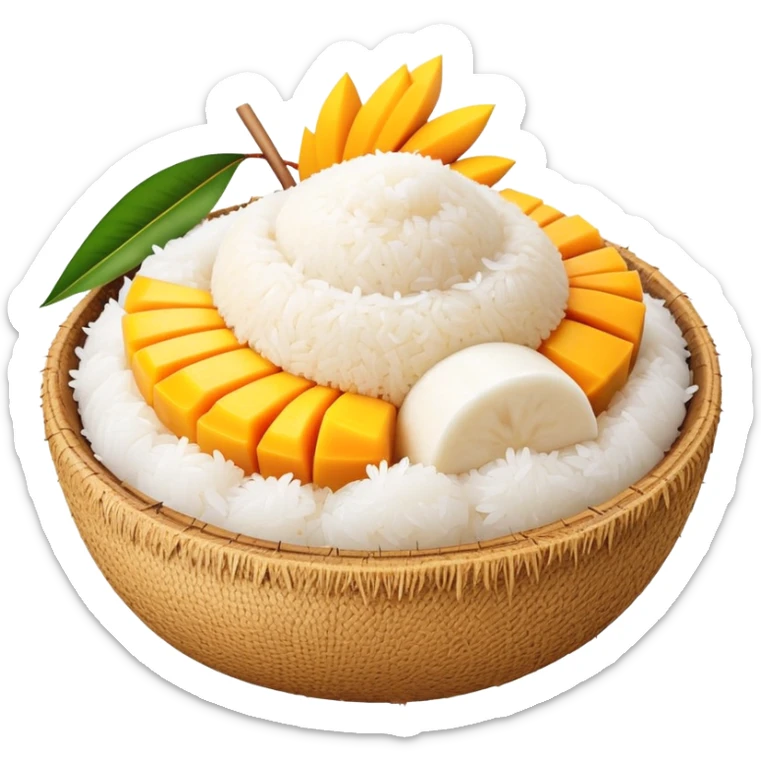 cinematic-realistic-mango-sticky-rice-dessert-emoji,-showcasing-sweet-sticky-rice out of a mould-paired-with-ripe-mango-slices-and-coconut-milk-rendered-with-lifelike-detail-and-warm,-inviting-lighting with the coconut  milk over the rice sticker