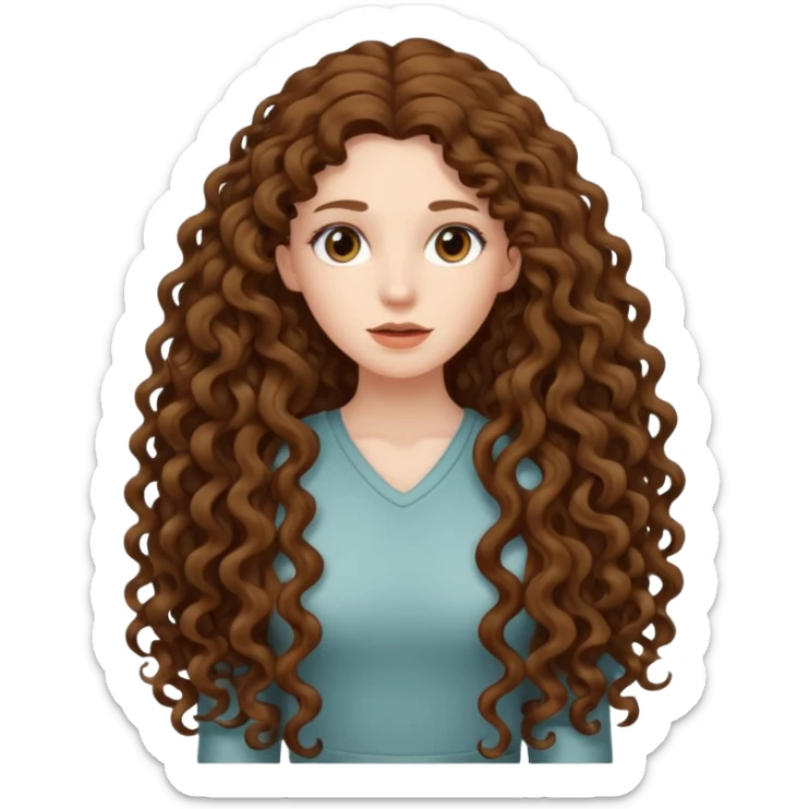 pale woman with brown curly very long hair, middle part. the hair is very very very very very very long, so long, you can't see the ends. the hair is very heavy and goes down to her feet sticker