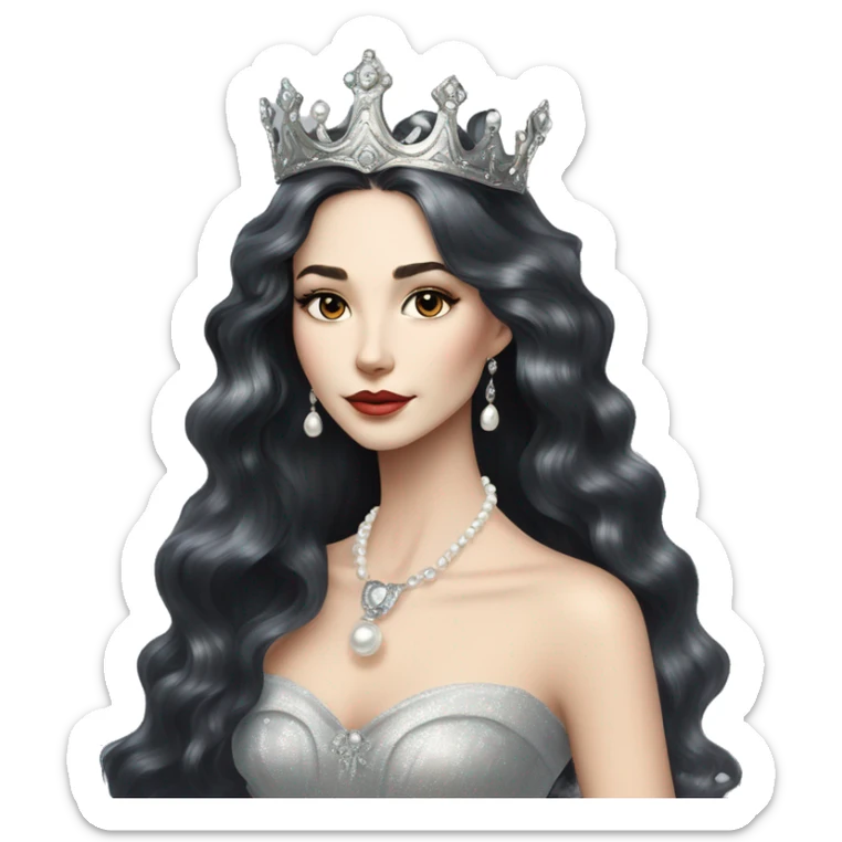 Regal pretty slender woman photograph defined cheekbones high cheekbones crown vintage with very long iridescent black and silver hair wavy long hair pearl crown iridescent sticker