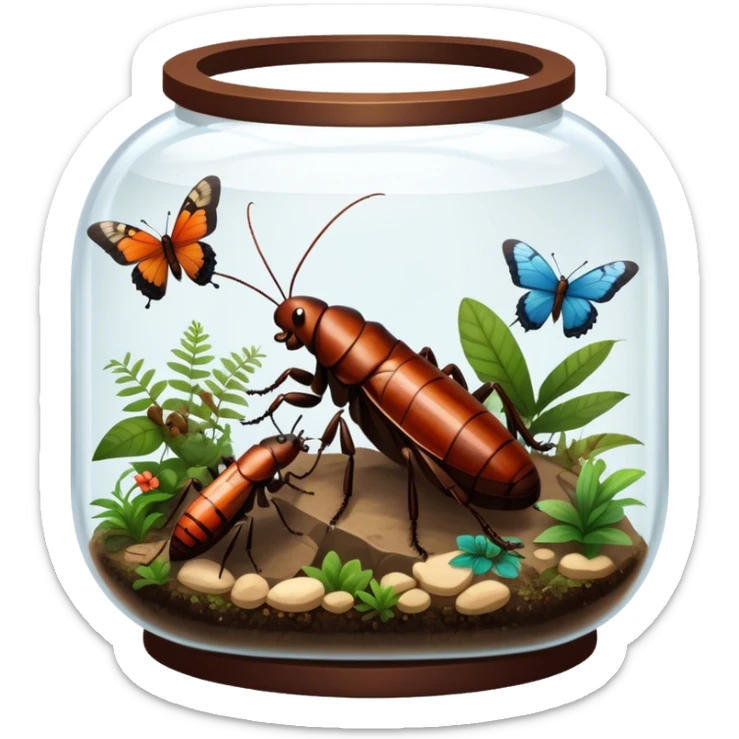 Close-up of giant Madagascar hissing cockroaches, butterflies, and stick insects inside a terrarium, with detailed textures of their bodies, wings, and legs. Soft lighting highlights their features. Transparent background. sticker