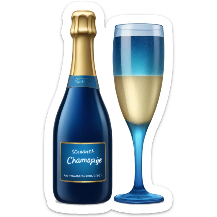 Realistic dark  blue champagne bottle with glass of blue champagne.  sticker