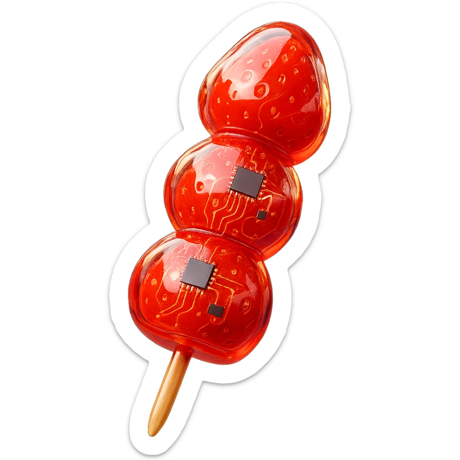 glossy red candied strawberry skewers (Tanghulu) with a crystal-clear sugar coating, reflecting light, held vertically, street food background blurred, high realism, sharp details, vibrant colors sticker