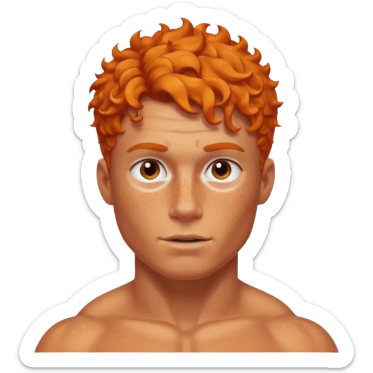 A shirtless muscular White man, with curly Orange short hair, táper Fade cut And FreCles on the face sticker