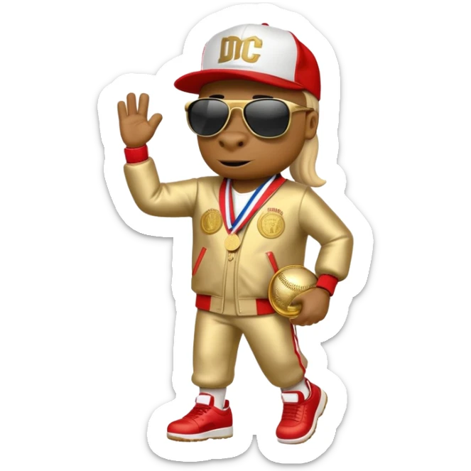 anthropomorphised horse dressed like a member of RUN DMC, hip-hop outfit, gold medal, baseball hat, sunglasses sticker
