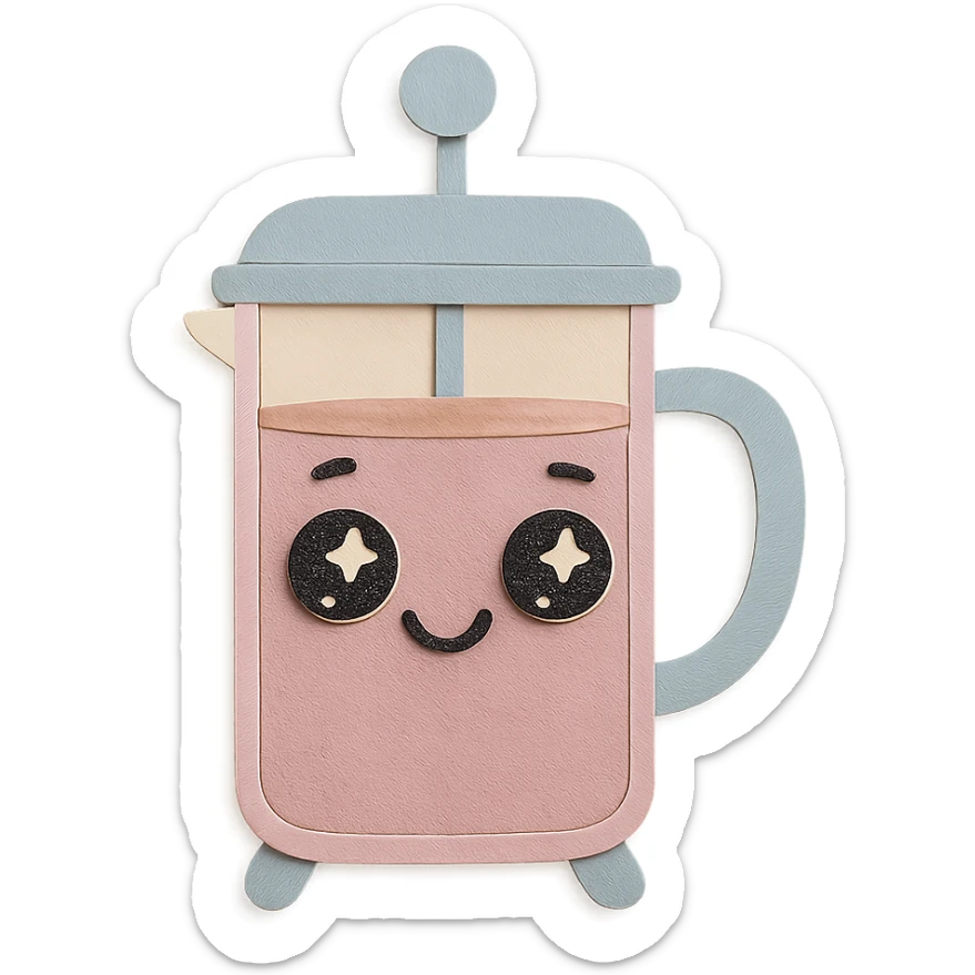 adorable French press with big sparkling eyes, soft pastel tones, full body, hand-drawn paper craft style sticker