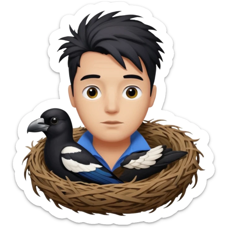 A man who has hair on the top of his head, that is actually an Australian Magpie, birds nest. sticker