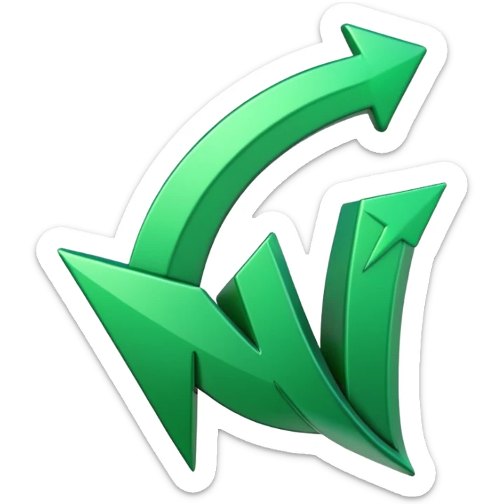 iOS-style 3D emoji: a glossy green arrow curving upward, attached to a jagged rising line chart, with smooth gradients and soft shadow sticker