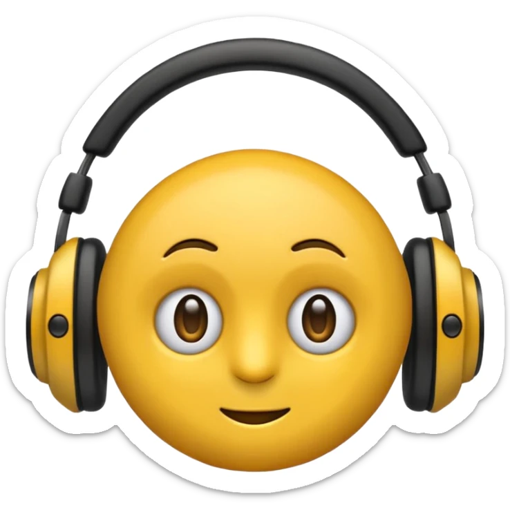 Ein gelber runder Emoji der die Augen geschlossen hat. Total im moment. Glücklich, leichtes lächeln. Verträumt. Leichtigkeit. Freiheit. Overearkopfkörer auf und im hintergrund kleine musiknoten sticker