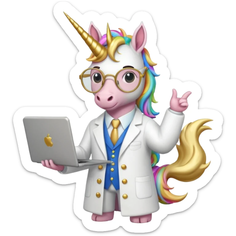 Unicorns holding laptop book
A full body of scholar unicorn wearing round glasses, holding a laptop. sticker