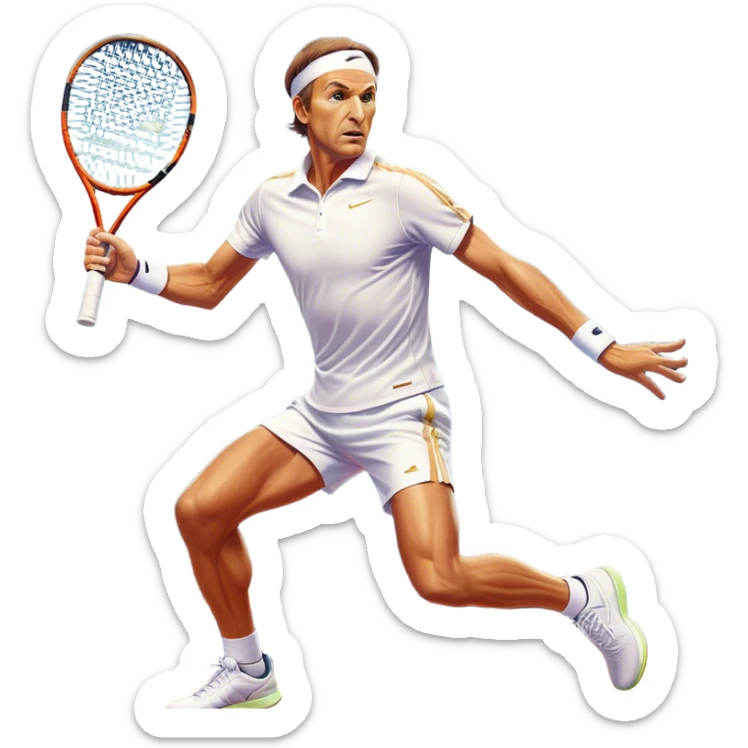 Cinematic Realistic portrait of Goran Ivanišević, depicted as an iconic tennis player in dynamic motion with detailed athletic gear and intense focus, illuminated by bold stadium lighting that accentuates his competitive spirit. sticker