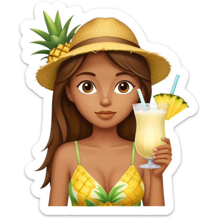 Very tan skinned girl with brown hair wearing a summer outfit sipping a piña colada sticker