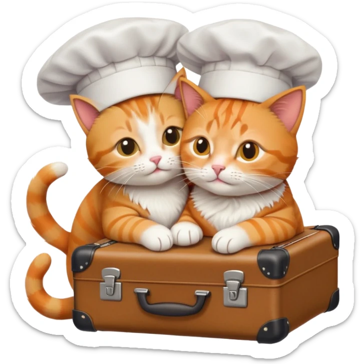 top-down view of one cat in a chef hat hugging a cat with a suitcase, emoji style sticker
