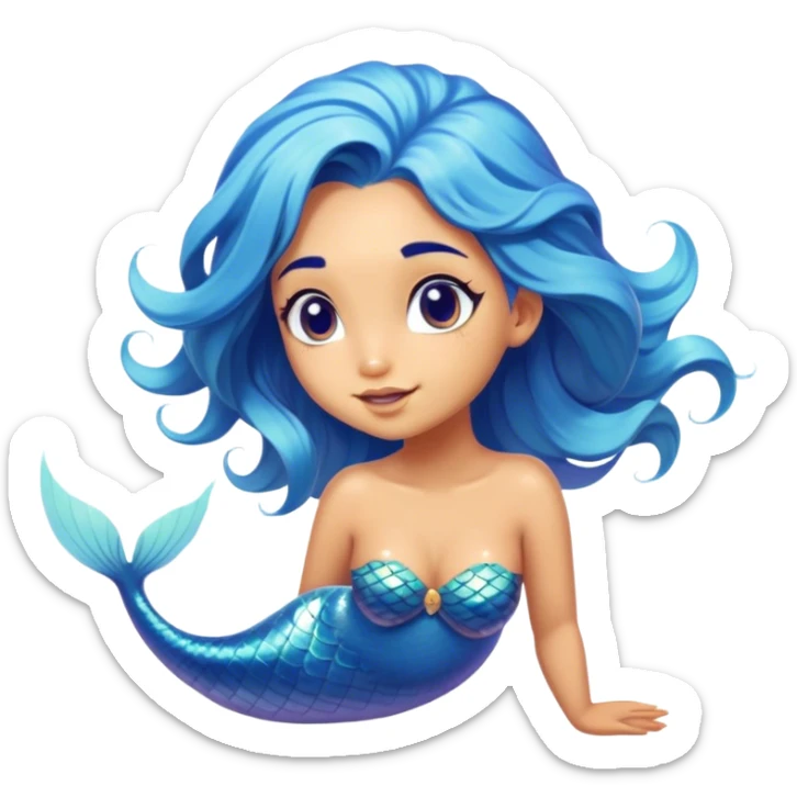 Cinematic Realistic Blue Hair Mermaid Portrait, head tilted playfully and inquisitively, showcasing a delicate, tropical form with finely detailed, flowing blue hair contrasting beautifully against her sun-kissed tanned skin. Her bright, curious eyes sparkle like sea gems under warm filtered light, rendered with lifelike clarity and soft underwater illumination—capturing the essence of a spirited mermaid poised to dance playfully amidst coral reefs. sticker