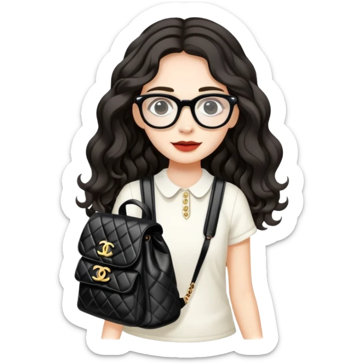 A white girl with black wavy long hair, wearing Wearing glasses and Carrying a Chanel on his back sticker