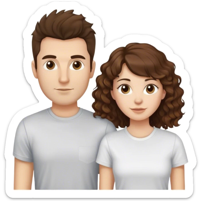 Una pareja joven de 30 años. Ella pelo largo y rizoso, de color castaño y con el flequillo liso. Él, sin barba, un poco de tupe y piel clara. Ambos en camiseta sticker