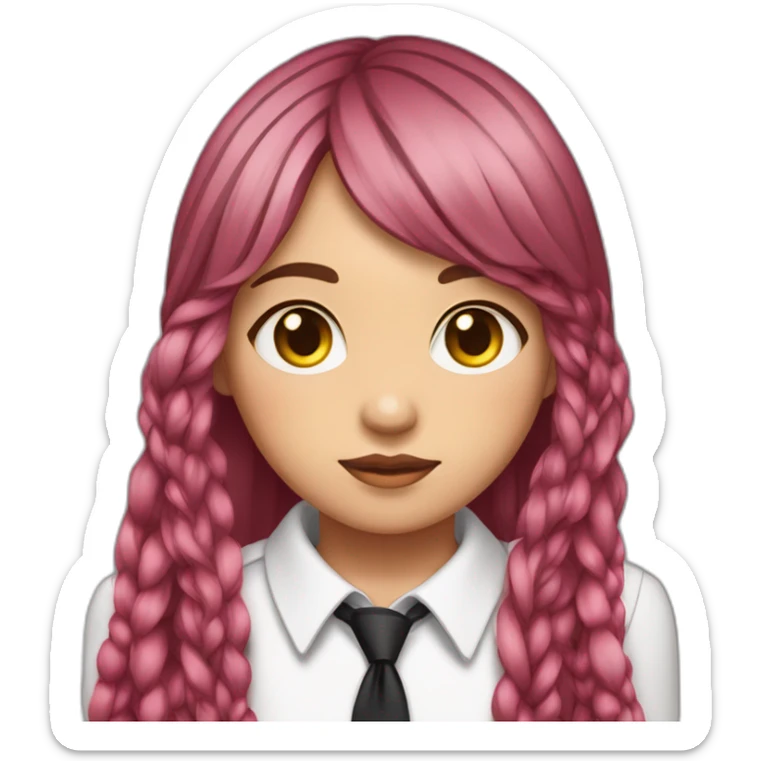 (gril) makima with long straight red or pink hair fringe and braid, yellow eyes with a circle inside and a white shirt with long sleeve and black tie sticker