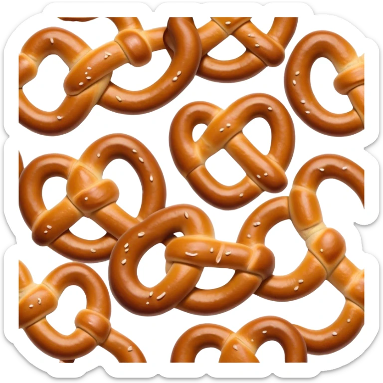 Cinematic Realistic Pretzels Dish Emoji, featuring freshly baked, twisted pretzels with a glossy, salted crust rendered with detailed textures and warm, appetizing lighting. sticker