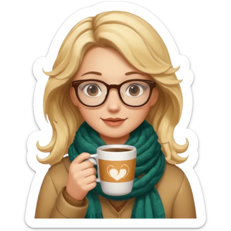 a girl drink with blonde wavy hair, wearing glasses, having scarf, drink coffee sticker