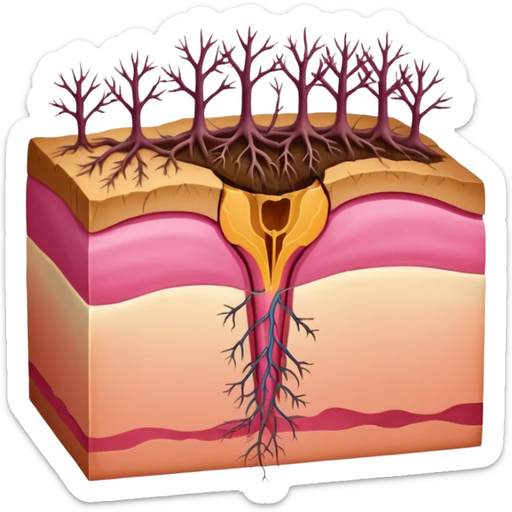 hair follicle cross-section, showing skin layers, root, and growing hair, with pink colors sticker