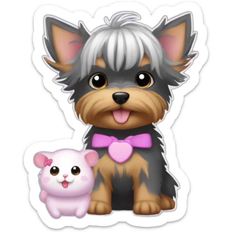 yorkshire terrier with grey hair with the tongue and two little pink hair-bow on the head with a purple nappy and a Hamtaro beside sticker