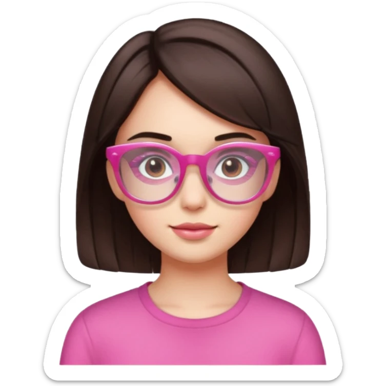 to give birth to a brunette girl who wears semi-transparent pink glasses and has short dark brown hair. sticker