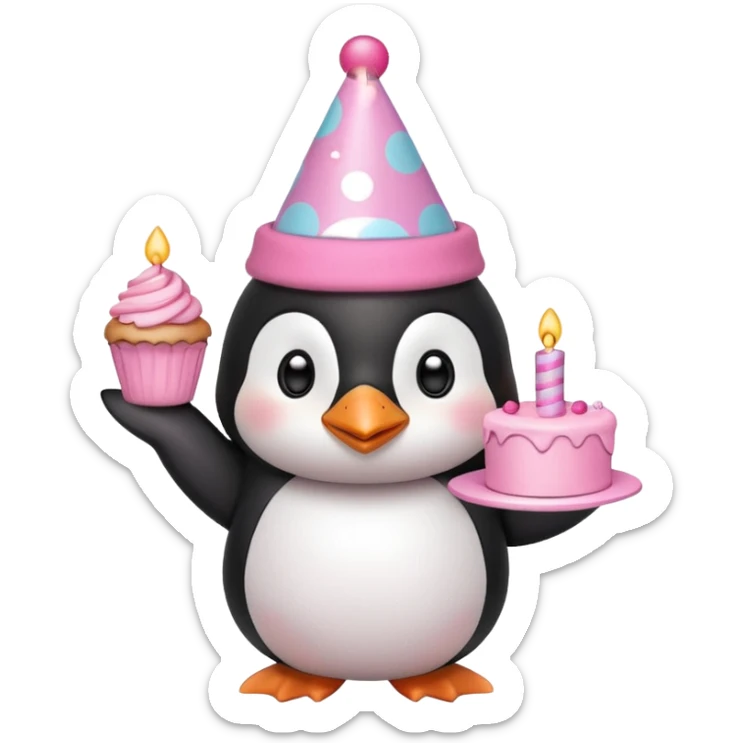 cute penguin  hold a pink birthday cake in both arms with pink birthday hat sticker