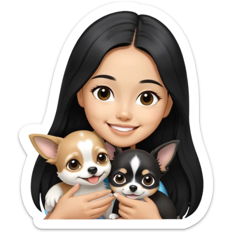 Smiling Thai girl with long black hair petting a tiny black and white Chihuahua sticker