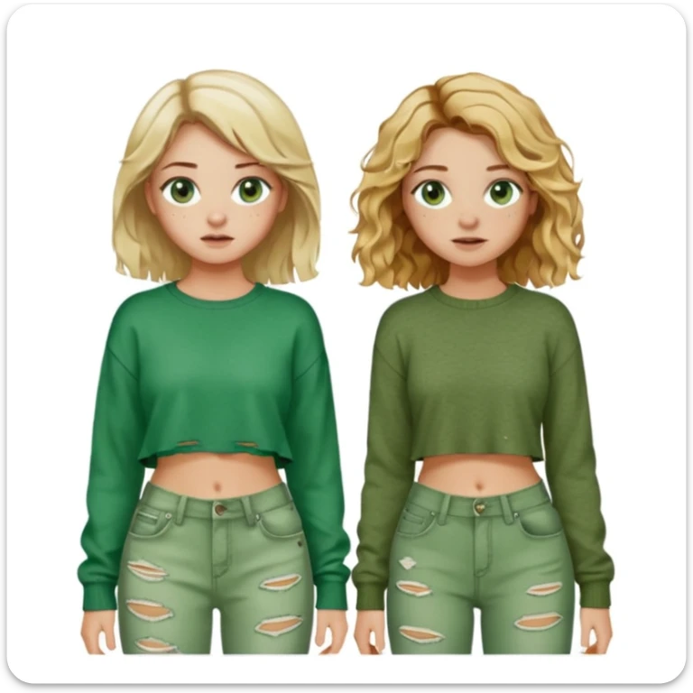 Two girls, both white, one with short wavy blonde hair and green eyes, dressed in punk Y2K fashion and the other with long wavy brown hair, brown eyes, freckles; and cozy green clothes  sticker