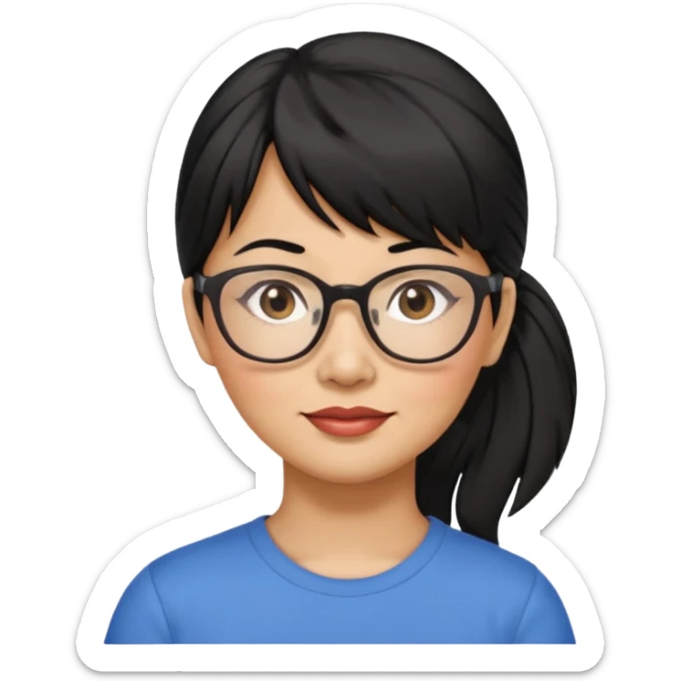 filipino woman black hair in one pony tail with straight bangs and big glasses, 50 yr old sticker