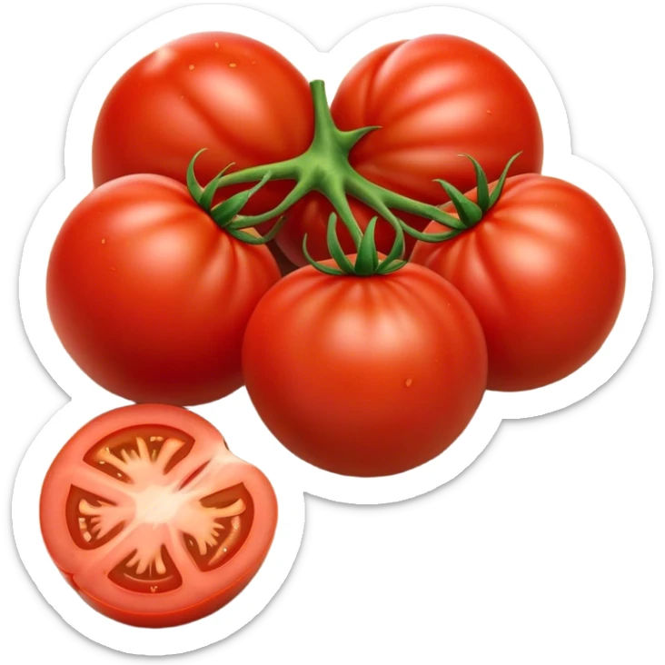 Cinematic juicy ripe tomatoe, deep red, slightly dewy, arranged on a wooden cutting board, soft glowing background, rich and flavorful. sticker