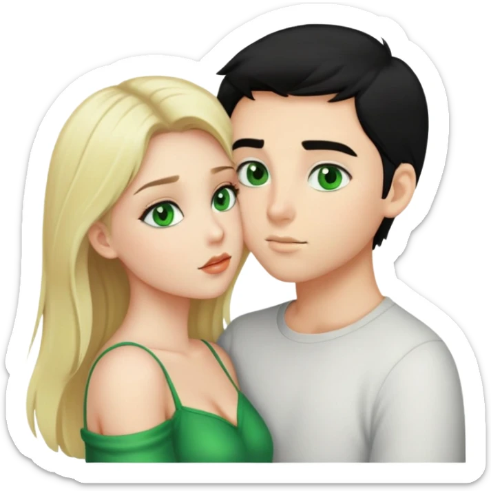 A blonde girl with green eyes kisses a boy with fair skin and black hair with a hairstyle and green eyes sticker