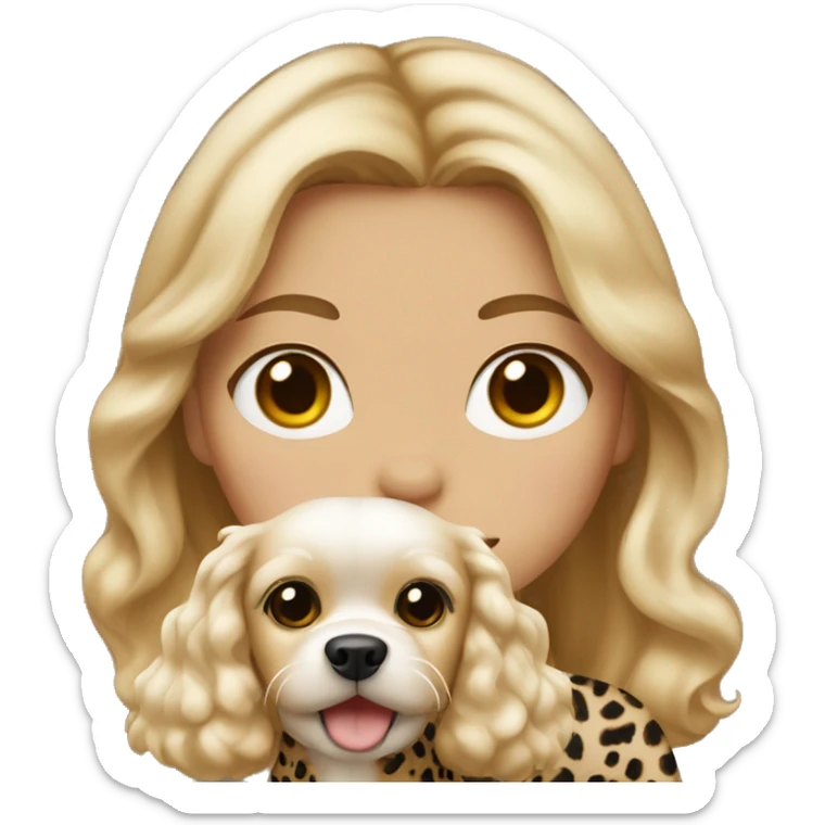 Girl with light skin, blonde waves hair, leopard top hold on Maltese dog sticker