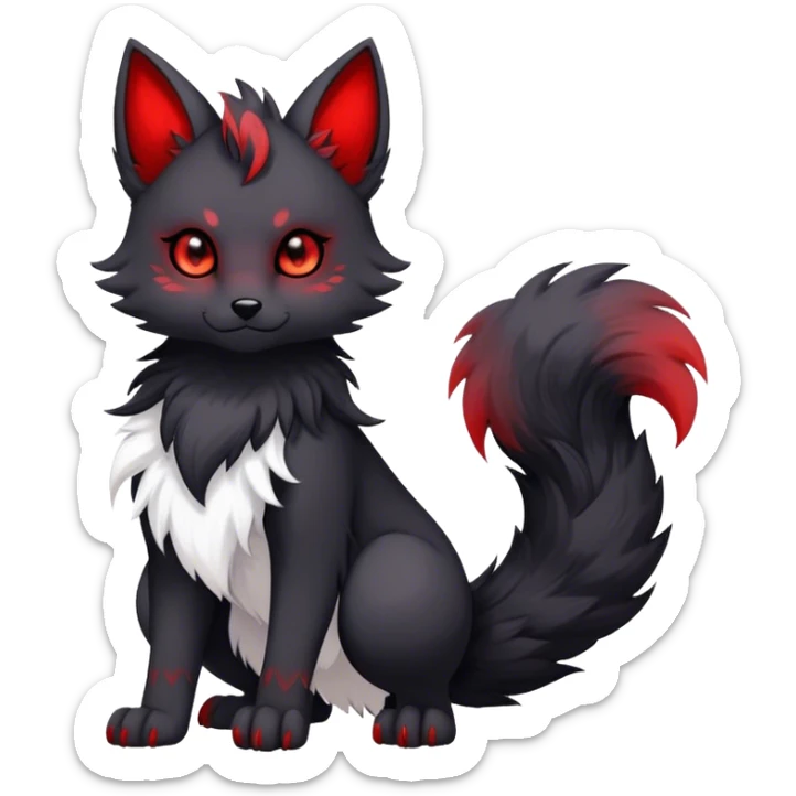 Kawaii dark edgy black and red fantasy ethereal anthro fursona Fakemon with tufted tail  sticker