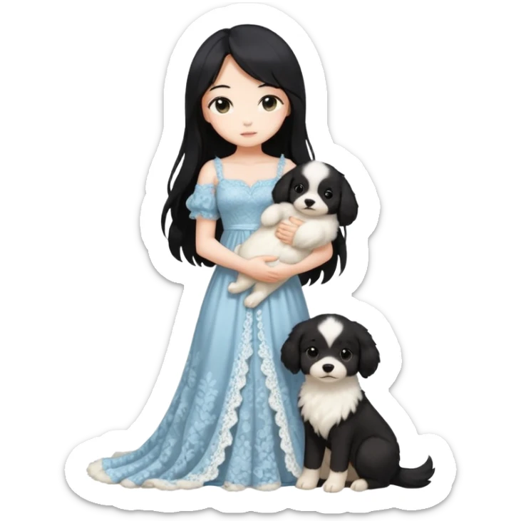 Pastel anime lady long hair with long lace dress full body holding puppy sticker