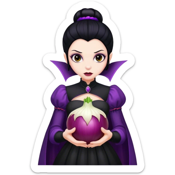 The vampire in black dress, black hair, brown eyes, holding a big violet onion  sticker