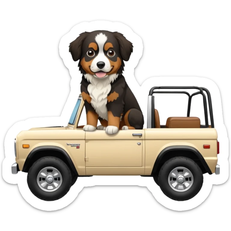 Cream colored ford bronco with no roof and a Bernese mountain dog in the seat sticker
